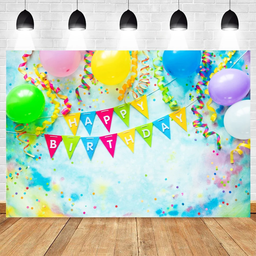 Happy Birthday Backdrop Girls Boys Baby Birthday Party Balloons Flag Gift Cake Table Decor Photography Background Photo Studio