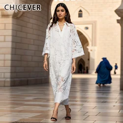 CHICEVER Solid Hollow Out Long Dress For Women V Neck Flare Sleeve Loose Embroidery Sheer Casual Dresses Female Autumn Clothing