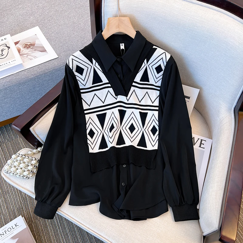 2023 Retro Large Size Knitted Stitching Fake two-piece Shirts Women's Clothing Spring Autumn Blouse Loose Thin Chic Tops jp408