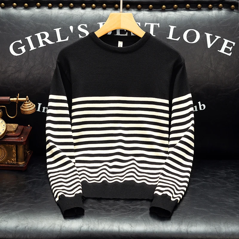 

2024 Men Cashmere Sweater Autumn and Winter Soft Warm Stripe Contrast Color Pullover Male Round Neck Knitted Sweaters D32