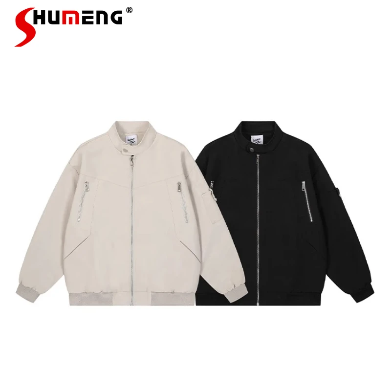 

Мужские осенние пальто 2023, новые уличные пальто в американском стиле с воротником-стойкой, мужские модные бейсбольные куртки на молнии