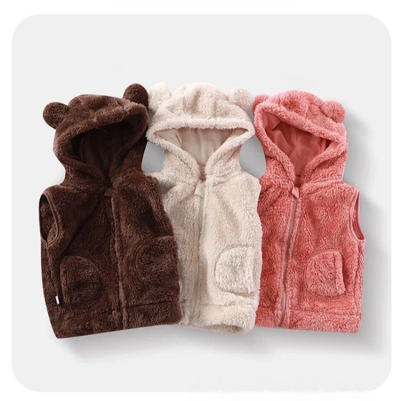 

Bear Ear Hooded Kids Plush Vest with Zipper Design Solid Color Winter Children’s Outerwear Multiple Colors