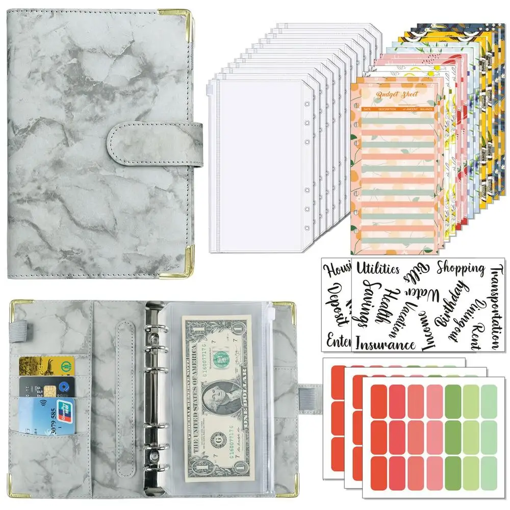 Marble Leather Budget Binder Cash Envelope System With Expense Budget Sheets&Labels&Inner Core Paper A6 Financial Notebook