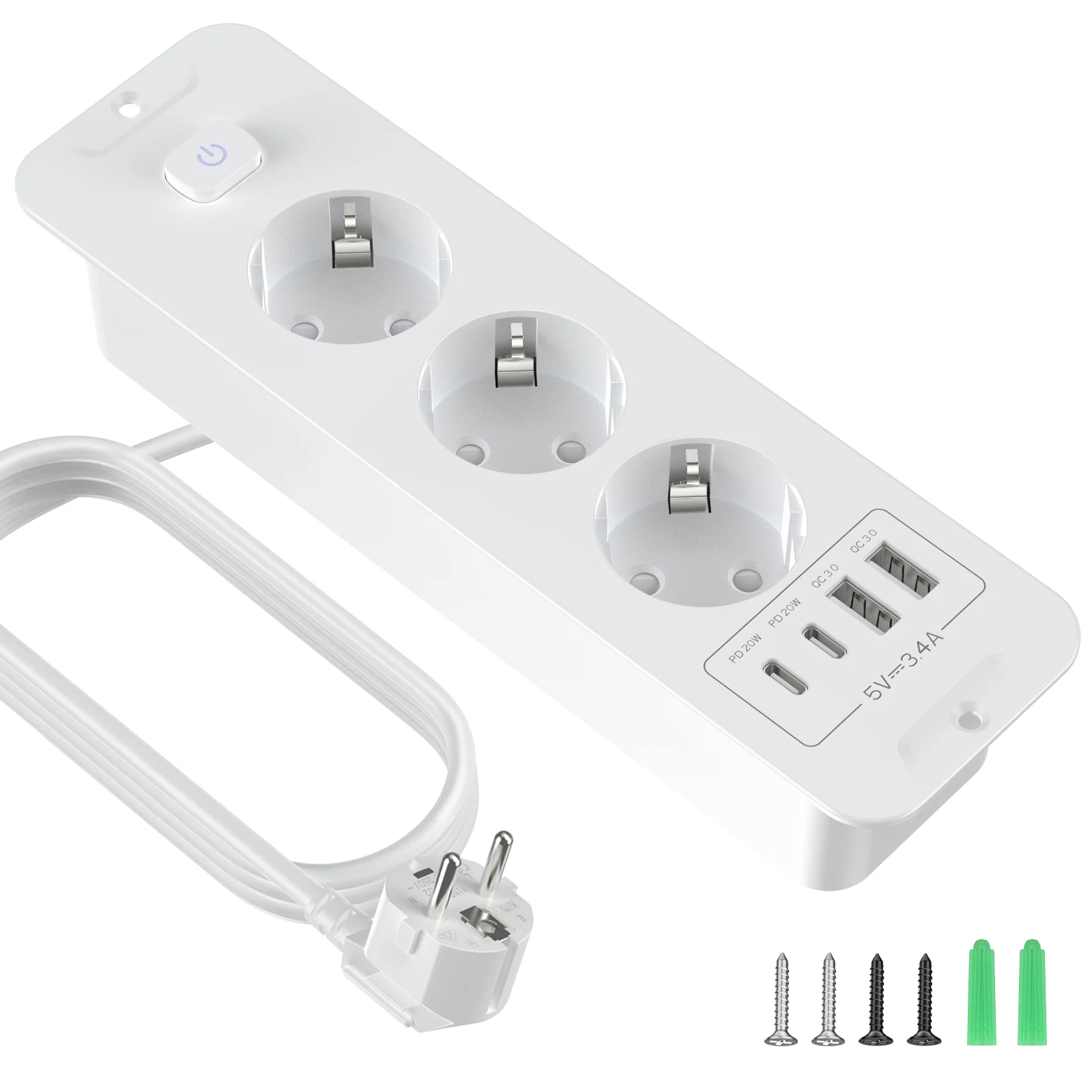 Eu-stekker Desktop ingebouwd voedingsbord 2/3 AC-stopcontact 2 USB2 Type-C oplaadadapterpoort 2 m verlengkabel wit zwart - afbeelding 1