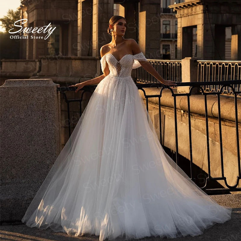 

Elegant Wedding Dress Ruffled Organza With Pearls A-Line Floor Length Ballgown Sweetheart Sleeveless Customized Vestido De Novia