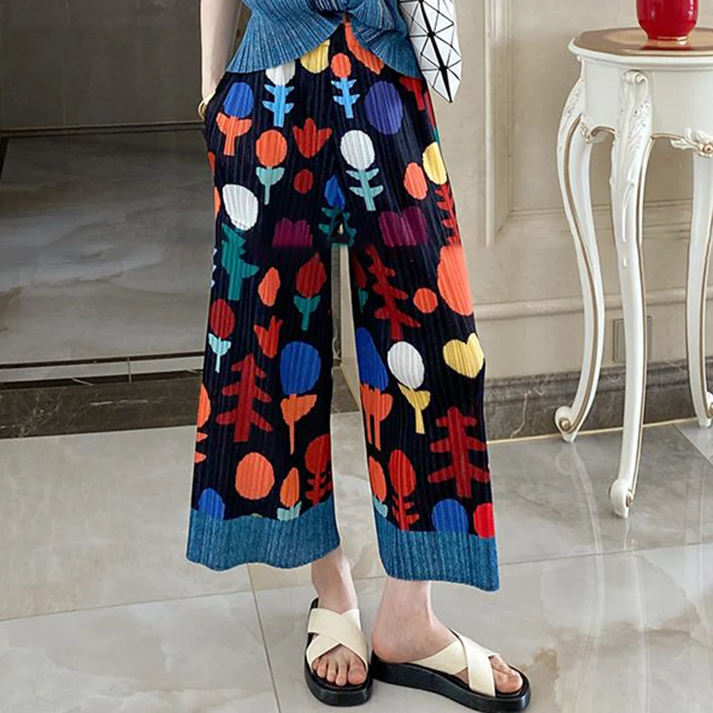 

Folded niche retro printing thin straight casual pants children's high-end summer drape eight-point nine-point pants