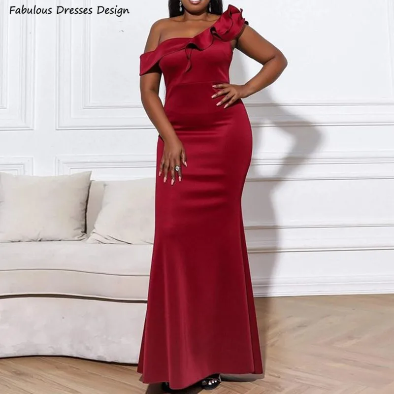 

Formal Long Mermaid Bridesmaid Dresses Burgundy Ruffles Off Shoulder Trumpet Wedding Guest Dress Party Women Prom Gown