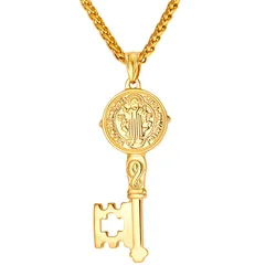 ChainsPro St Medal Printed Key Pendant Stainless Steel Gold/Black Color Men Jewelry Saint Benedict Lock Key Necklace Women P246