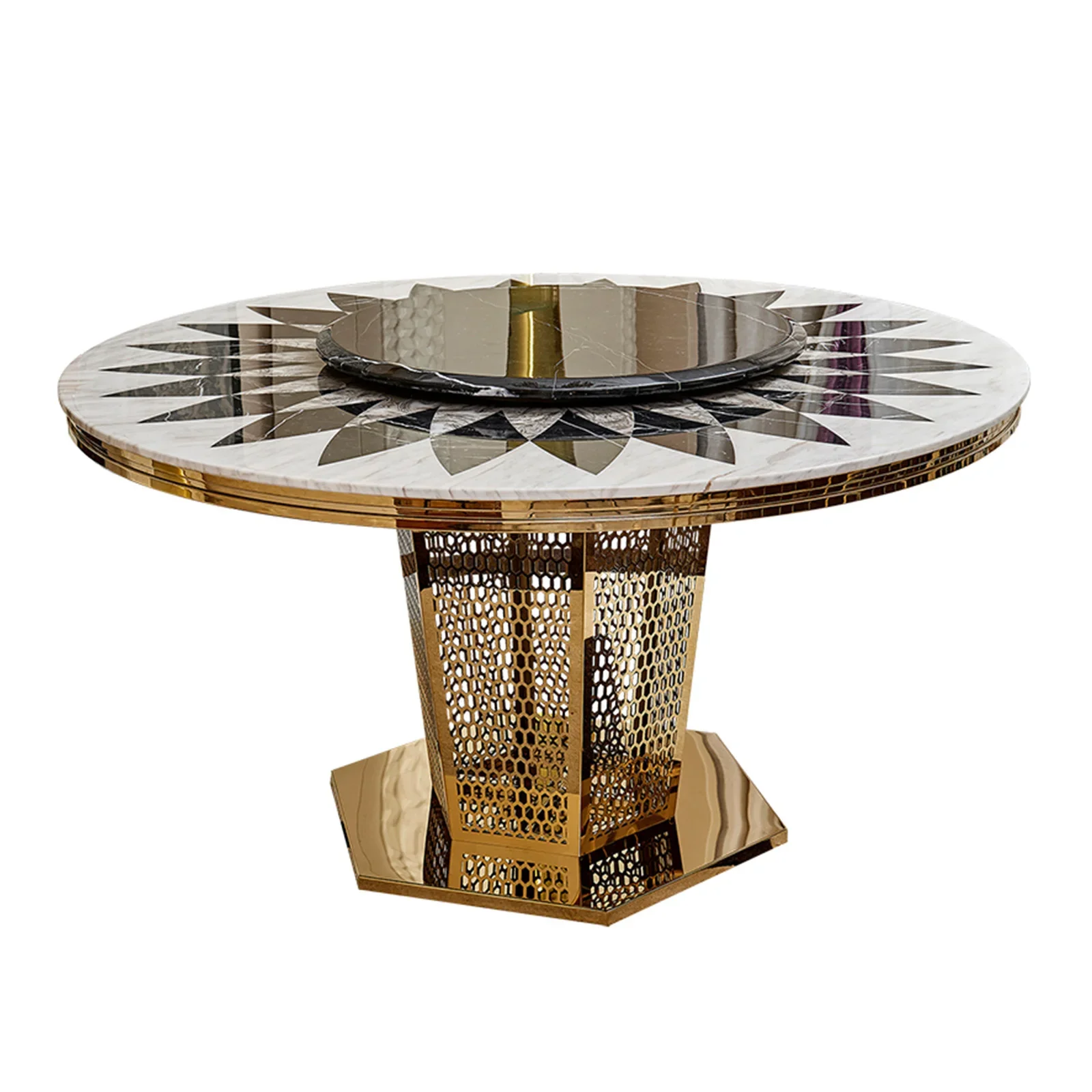 Mesa Restaurante Esstisch Round Rotating Gold Luxury Marble Dining Table Set 6 Chairs