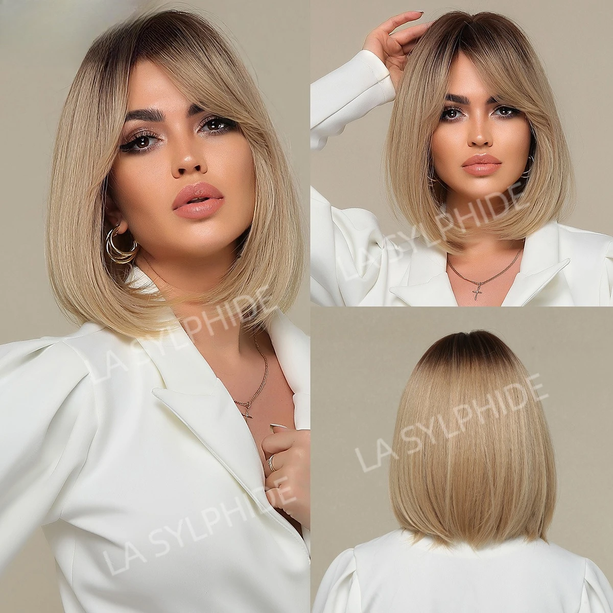

Mechanism high temperature silk chemical fiber full head cover wig eight-character bangs yellow short straight hair