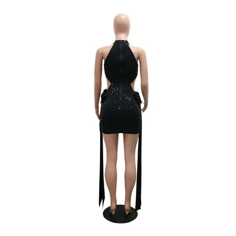 Fashion 2024 Women Sleeveless Bodycon Shiny Sequins Party Birthday Dress Cut Out Big Bow Ribbon Black Sexy Night Club Mini Dress