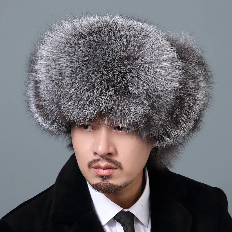 

Autumn and Winter Fox Hair Full Leather Hat for Men's Warm Fur Yarn Leather Hat Ear Protector