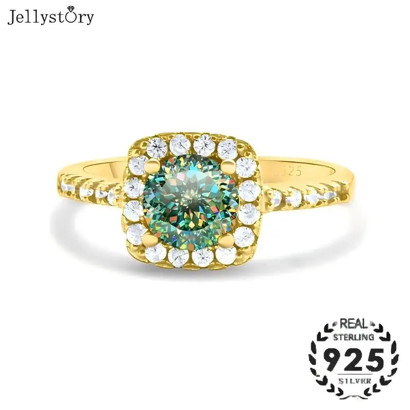Jellystory S925 Silver Ring Moissanite Luxury Square Halo 1ct 6.5MM Engagement Band for Women Elegant Fine Jewelry Gift