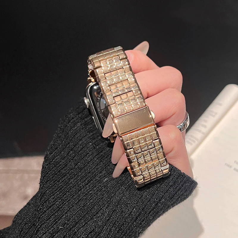 Pulseira de metal padrão quadrado para Apple Watch, Pulseira para iWatch Series 7, Correa 45mm, 41mm, 38mm, 40, 9, 8, 6, 5, SE, 4, Ultra2, 49 milímetros