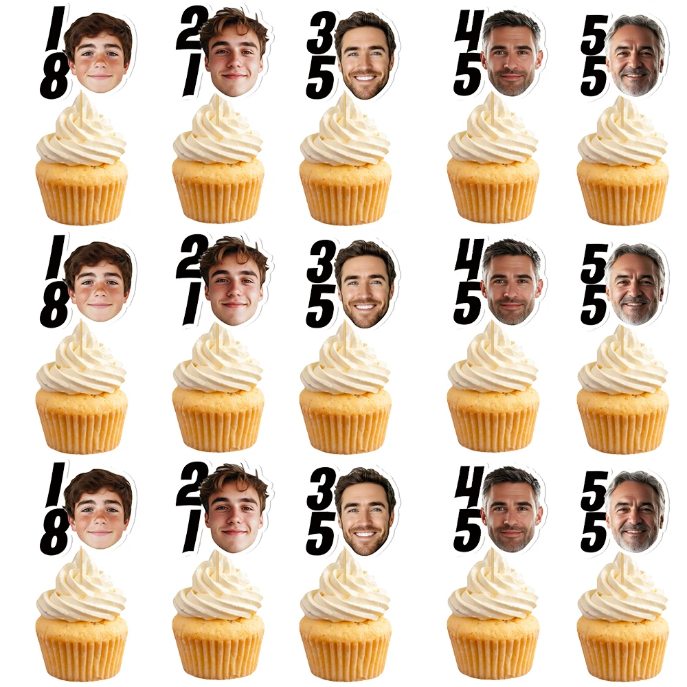 6/12 Stück personalisierte Gesichtsfoto Geburtstag Cupcake Topper 18. 21. 35. 45. 55. Jahrestag Geburtstag Party Kuchen Dekor Topper