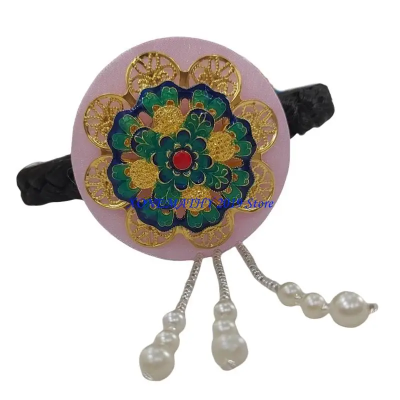 

F42F Traditional Korean Hanbok Headband for Women and Girls Blue Glaze and Faux Pearls Hair Hoop Stage Dance Hair Accessory
