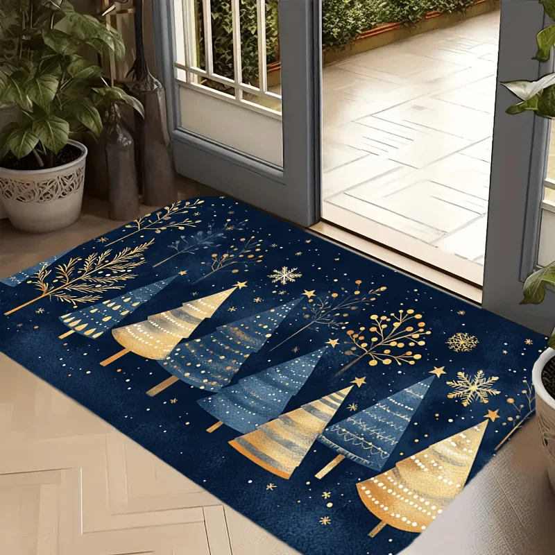 Navy Blue Golden Christmas Tree Shaped Rug Snowflake Star Print Non Slip Washable Floor Mat for Entryway Front Door Home Accent