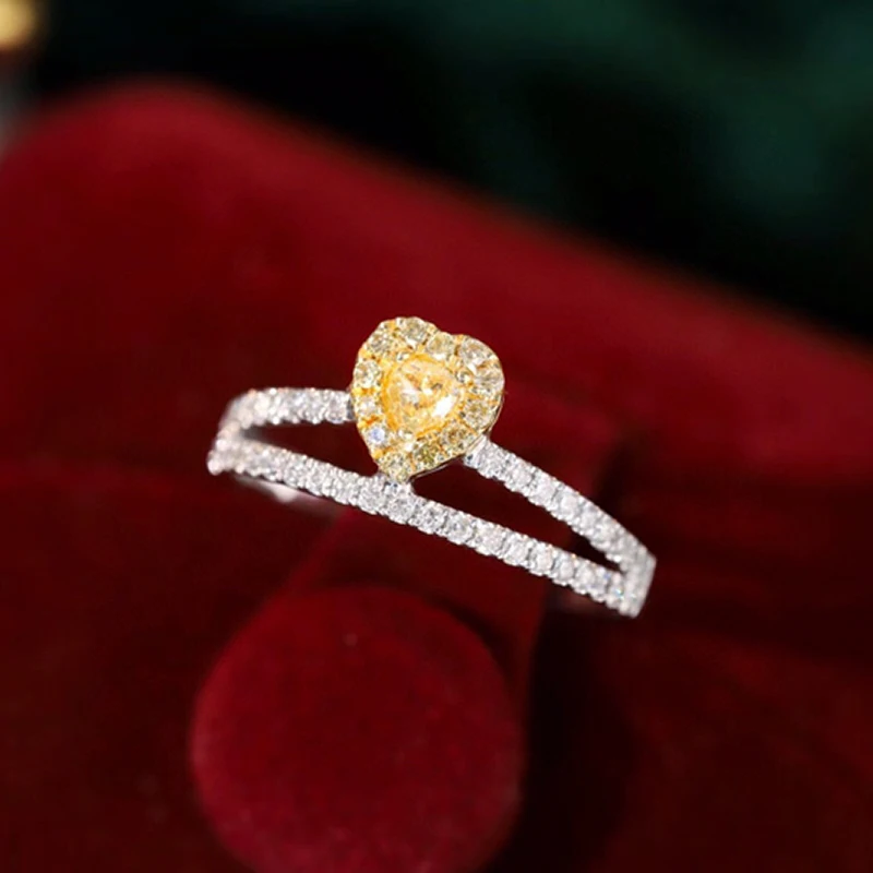 Aazuo Find Jewelry Real Yellow&White Diamond 18K Solid Gold Heart VShape Rings Upscale Trendy Senior Party Fine Jewelry Hot Sell