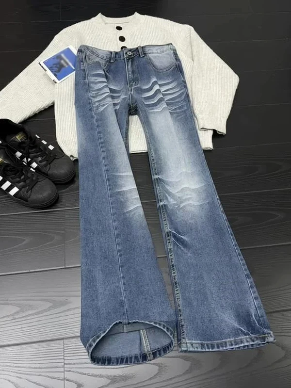 Washed Blue Jeans Men's Slim Fit Gradual Blade Wide Leg Straight Cut Jeans Youth Trendy Casual Autumn Wear Daily Fashion
