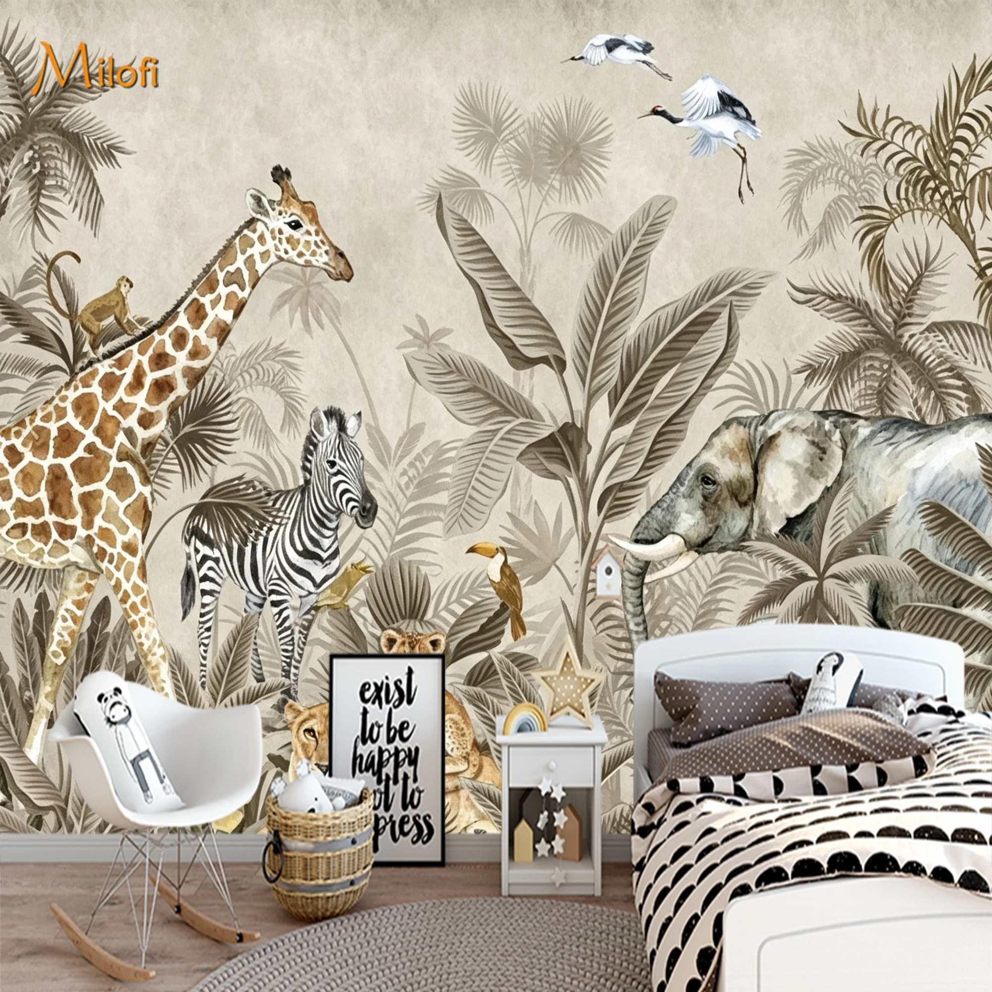 Custom Mural Wallpaper Watercolor Safari Animals Wall Mural, Giraffe Elephant Zebra Lion Palm Tree Wall Decor for Kids Nursery