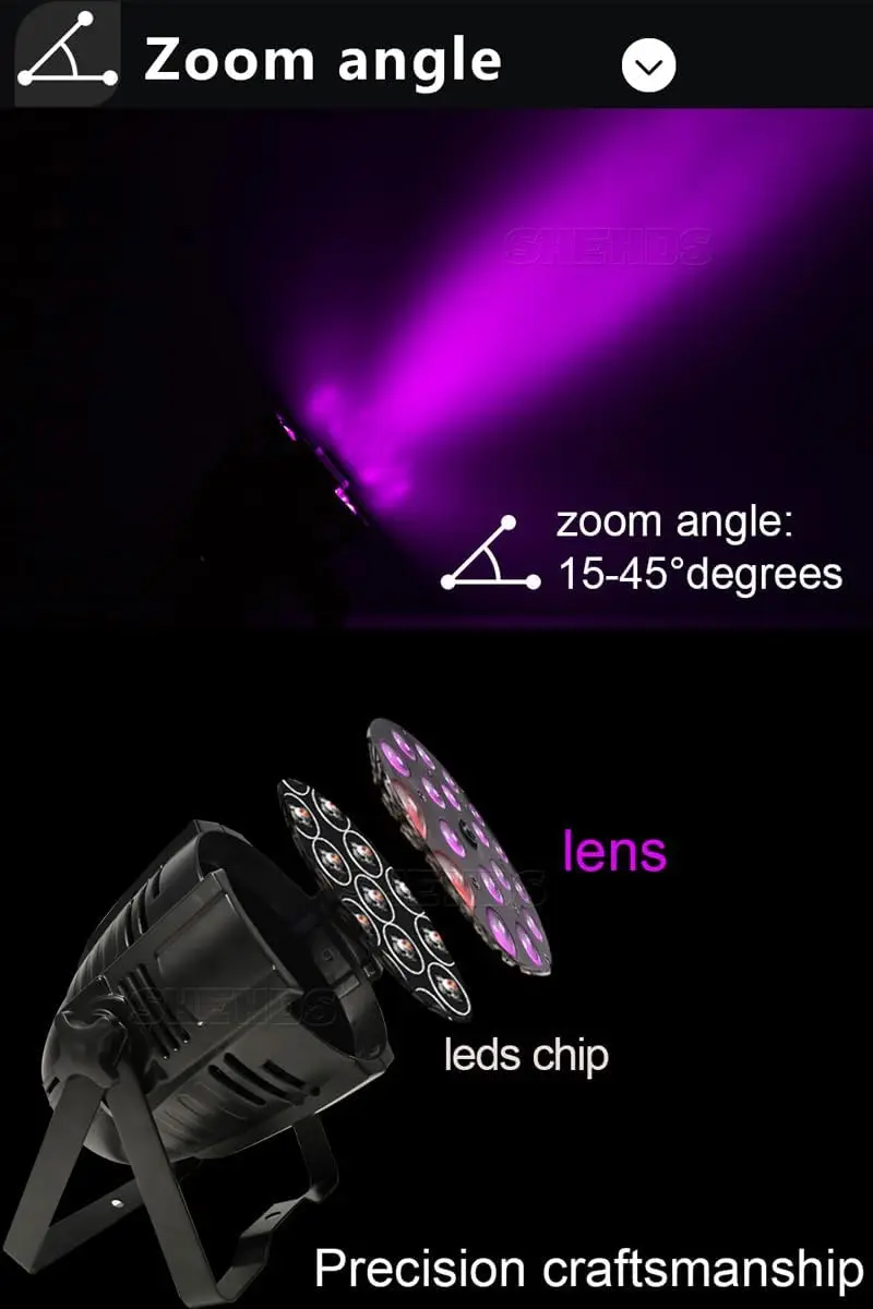 18LED 6-in-1 RGBWA UV Zoom Par Light Full Color Stage Lighting DJ Disco Party Wedding Bar KTV Wash Light
