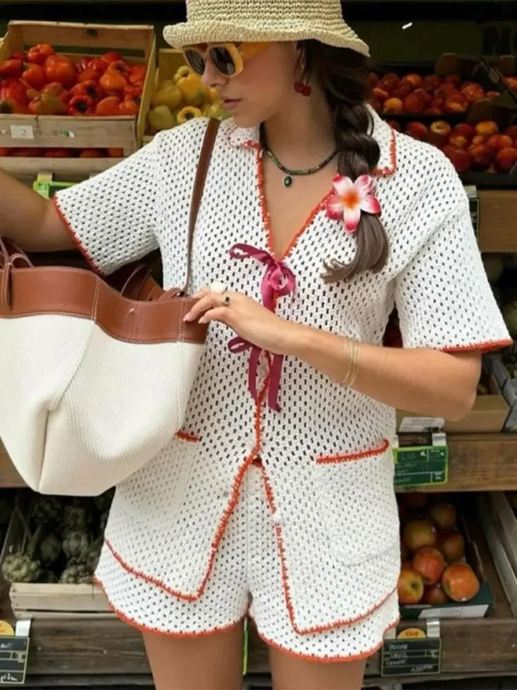 

Вязаные рубашки и шорты, женские пляжные комплекты на шнуровке с бантом и воротником-поло, кардиганы с короткими рукавами, шорты, женские летние праздничные костюмы