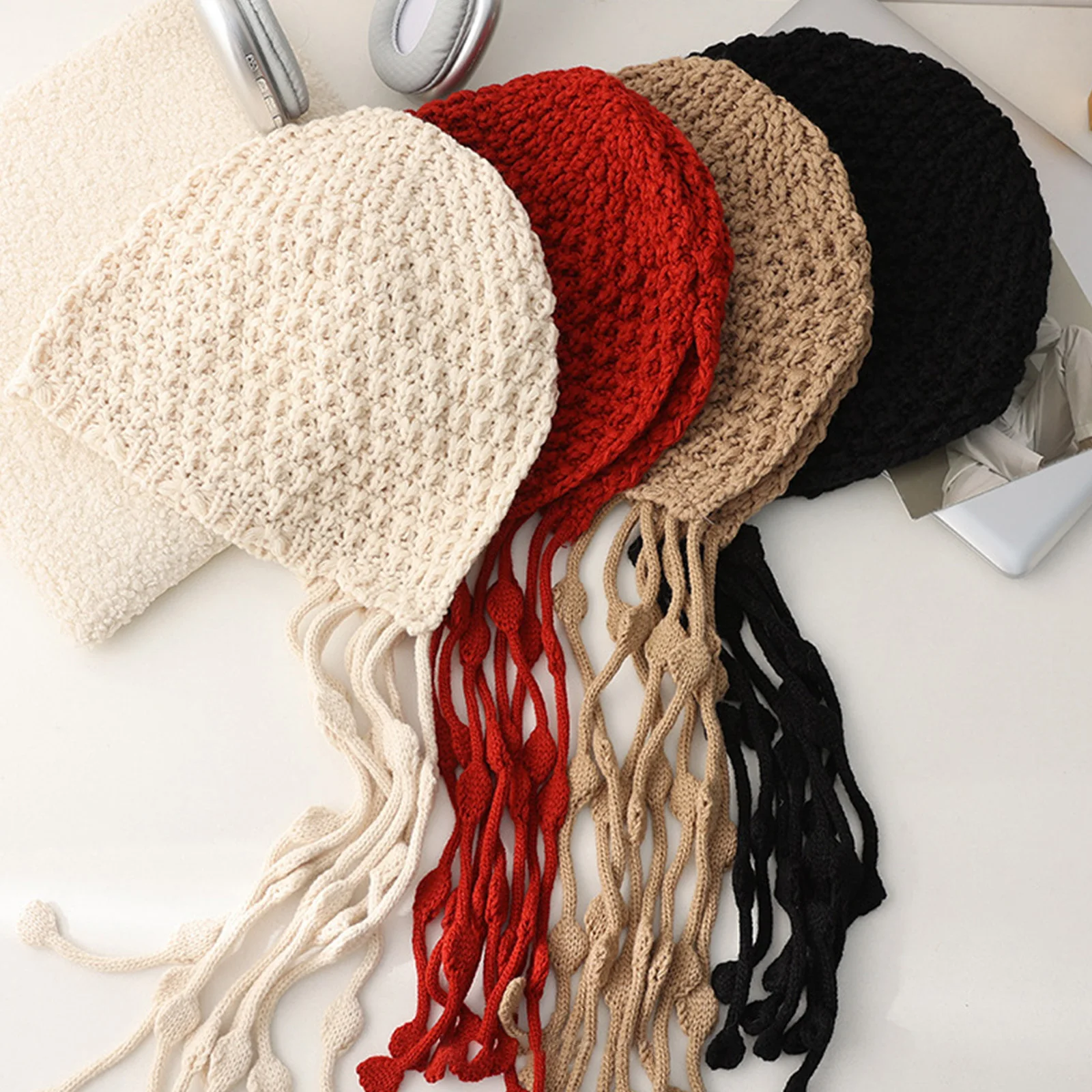 Fashionable Knit Hat Crochet Beanie Tassel Ear Flaps Knit Hat with Pompom Skull Cap for Women Warmer Hat 5