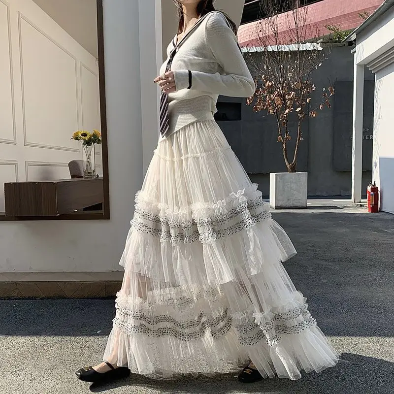 Early Spring Heavy Industry Multi level Mesh Puff Cake Skirt French Style Ballet High Waist A-line Half length Skirt