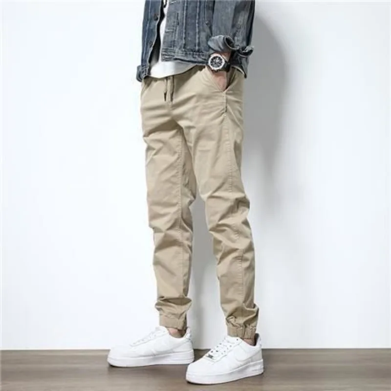 Men's Clothing Spring Autumn Drawstring Solid Color Elastic Pockets High Waisted Casual Trousers Bloomers Cargo Cropped Pants