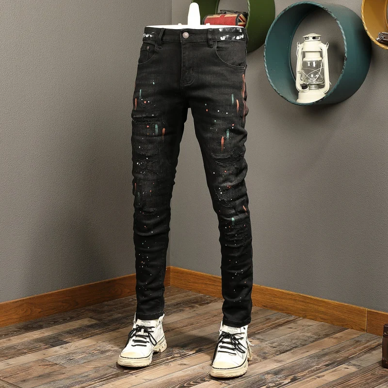 Black splashed ink printed jeans with men's ripped patch, retro trend street elastic slim fit small leg pants
