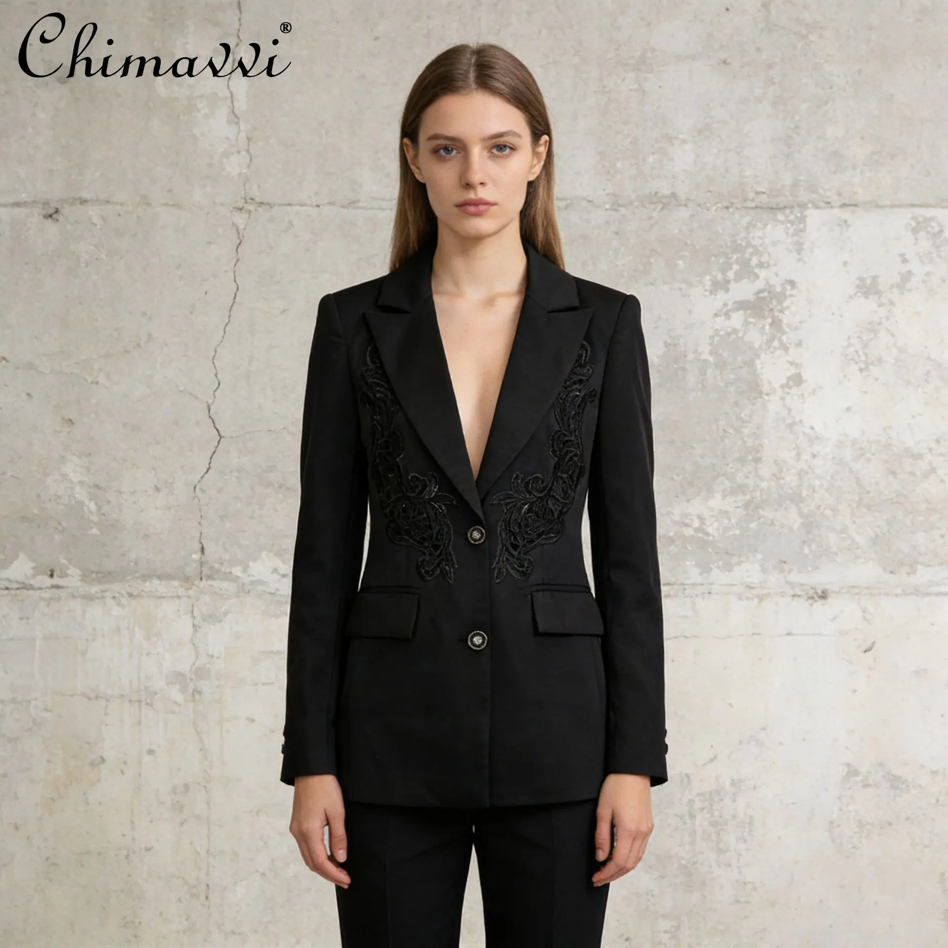 

French Fashion Temperament Commuter Embroidery V-neck Long-sleeved Single-breasted Versatile Black Blazers for Women Spring 2026