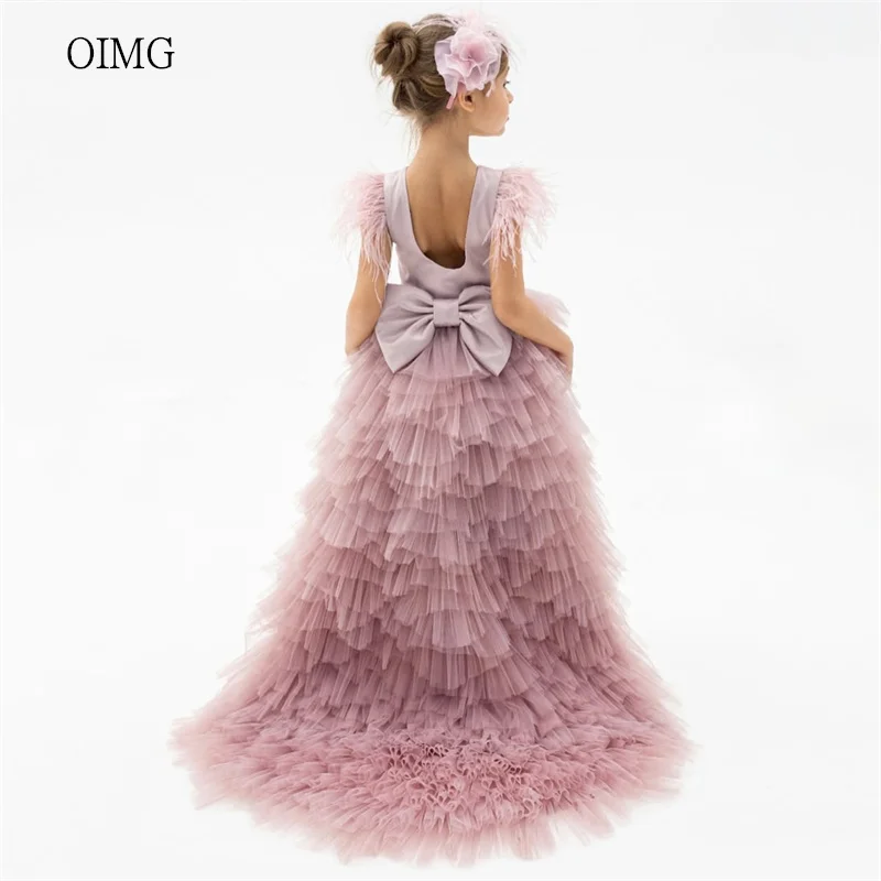 

OIMG Pink Feather Sleeves Assymetrical Flower Girl Dresses O Neck Wedding Party Gown Floor Length Birthday Dress niña Customized