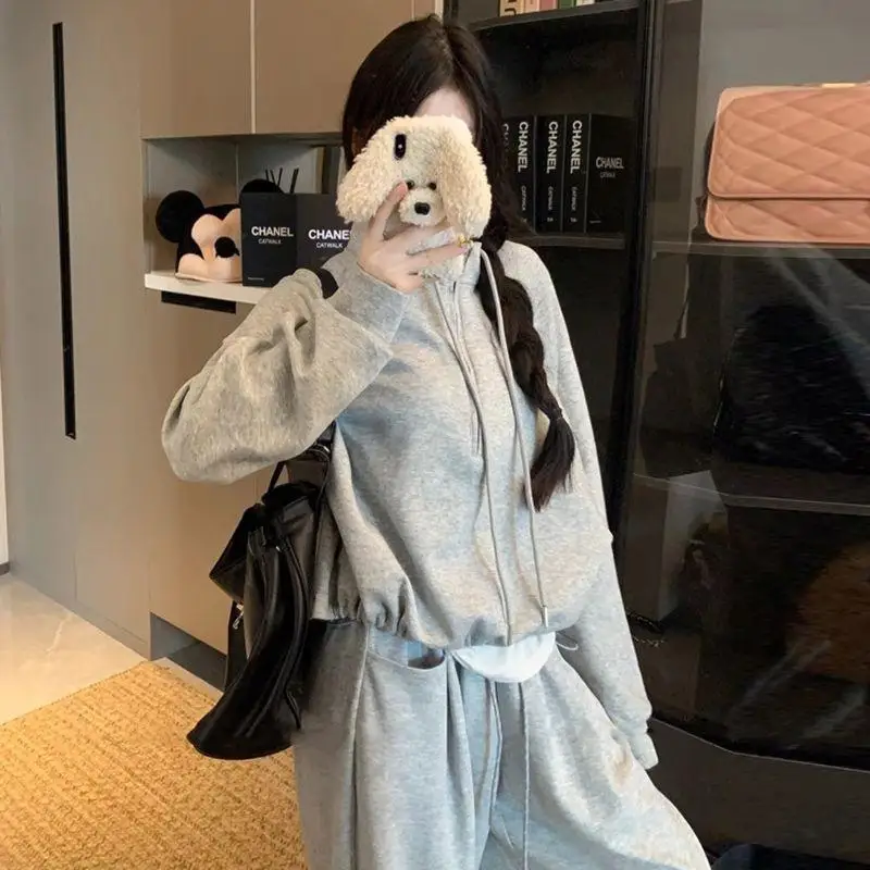 Conjunto de dos piezas de pantalones de pierna ancha, sudadera coreana Sle College Wind para principios de otoño, conjunto completo combinado de sistema de sal clete