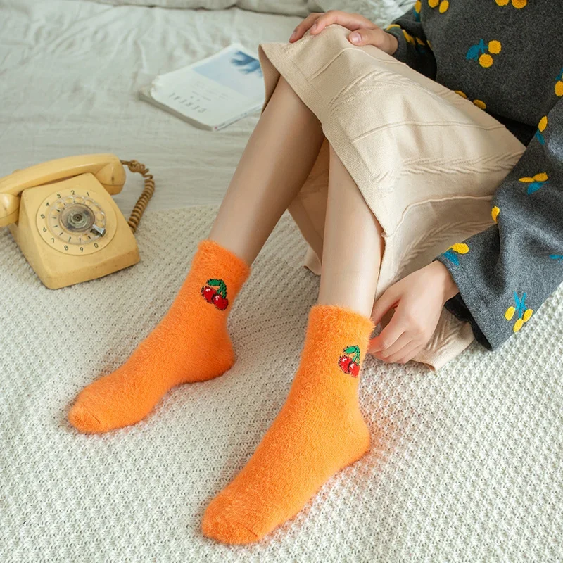 Ladies Fashion Warm Avocado Cherry Eggplant Floor Sleep Sock Kawaii Women Fruit Fluffy Socks Thermal Fuzzy Socks Female