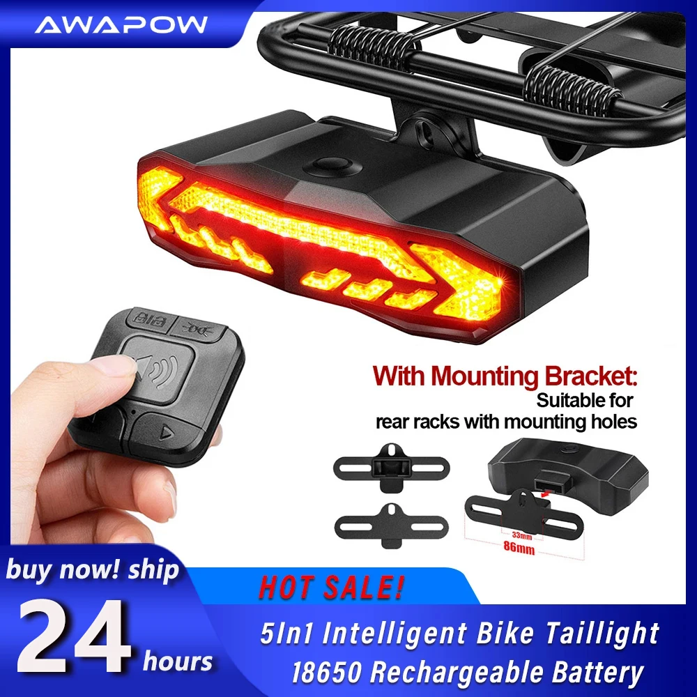 Awapow Bicycle Alarm Anti Theft Bike Taillight Alarm LED Waterproof Tail Light With Mounting Bracket 5In1 Intelligent Bike Lamp