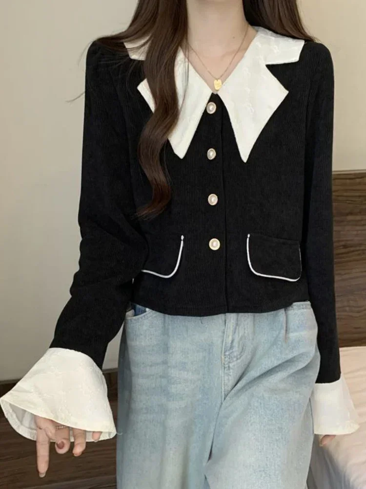 Vintage Schlanke Frauen Cord Hemd Casual Patchwork Süße Bluse Elegante Tasten Koreanische Einfache Frühling Retro Weibliche Tops Neue