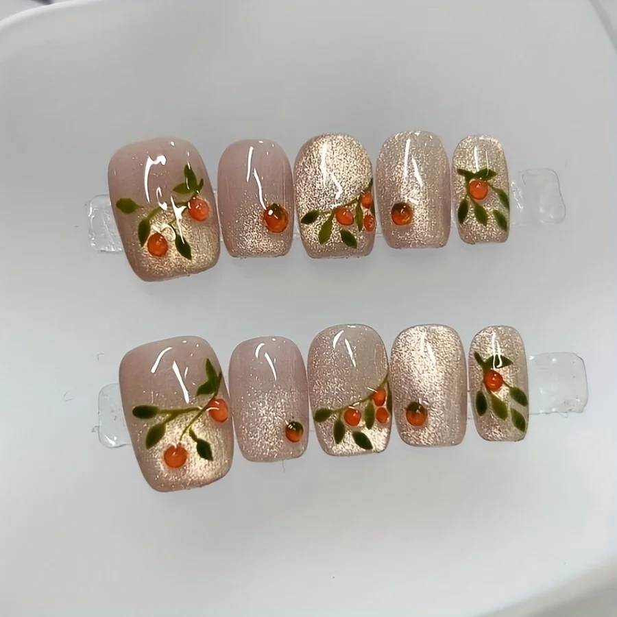 10pcs Pure Hand Pressed Short Square Nail Art, Beautiful Fake Nails, Orange Glitter Persimmon Nail Art, Suitable for Women to Us