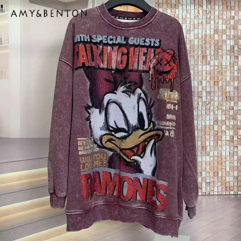 

Men's And Women's Same Style Autumn Fleece Rhinestone Cartoon Loose Long Sleeves Sweatshirt Fashion Thickened Crew Neck Jacket