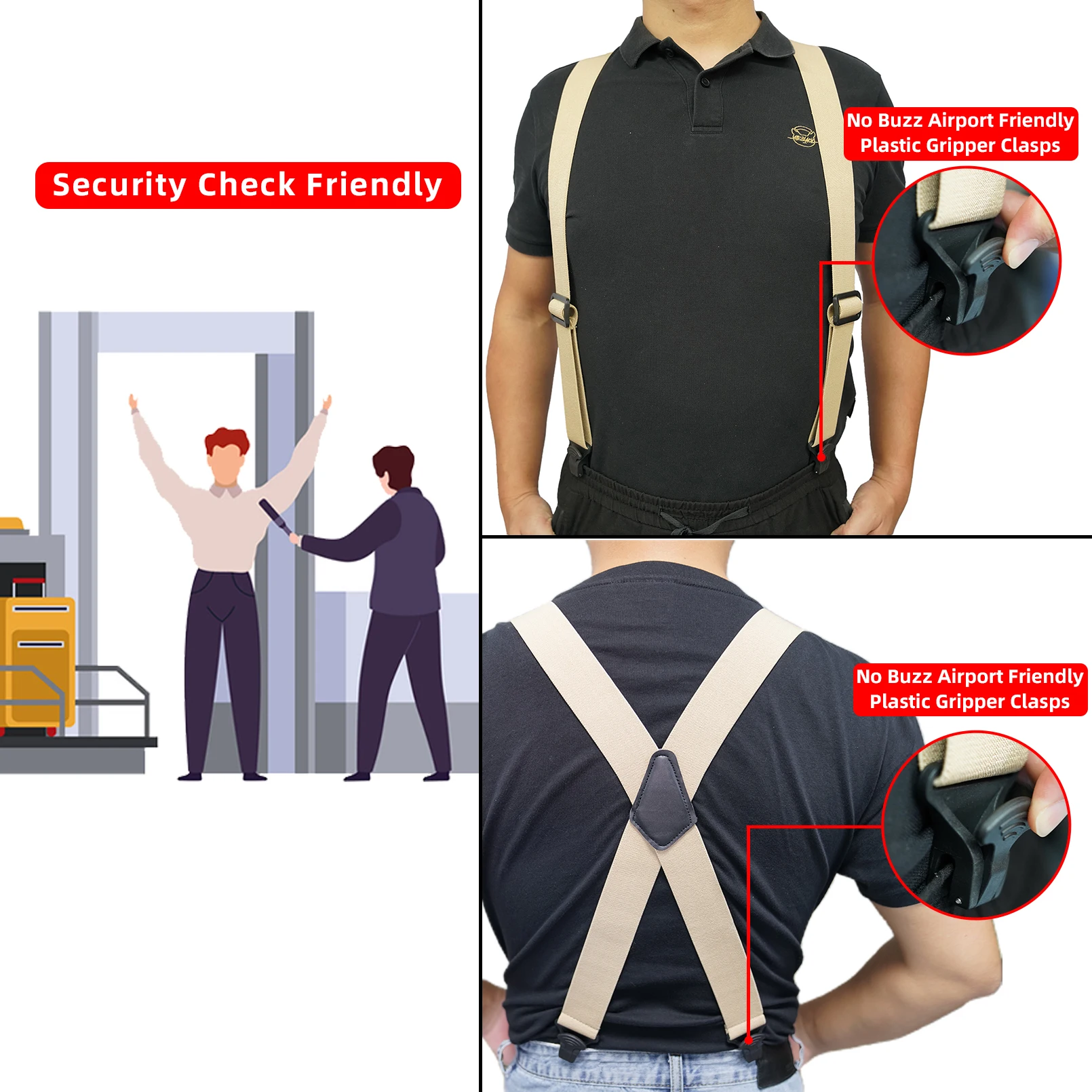 Melo Tough X back suspenders airport friendly Suspenders,NO buzz with Plastic Clip 1.5 inch fully elastic braces