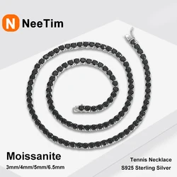 NeeTim 3/4/5/6.5mm Black Moissanite Tennis Necklace for Women Man 925 Silver with Gold Plated Neck Chains Hiphop Party Jewelry
