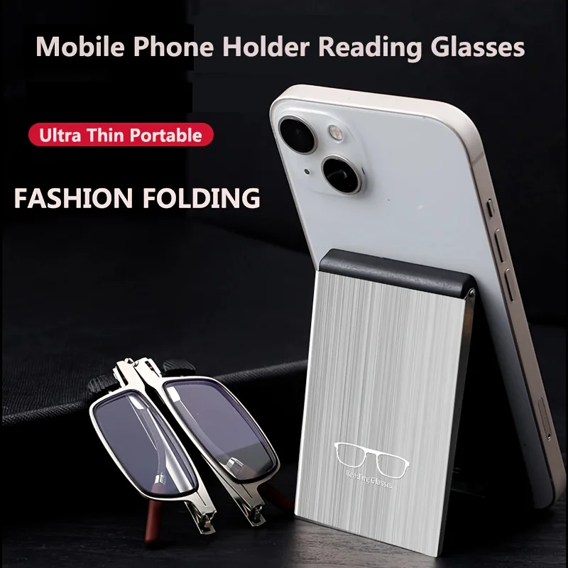 

Portable Foldableing Reading Glasses Can Be Attached to the Mobile Phone Back and as a Mobile Phone Holder, Normcore Style Stainless Steel Reading Glasses +100-+400 for Men and Women