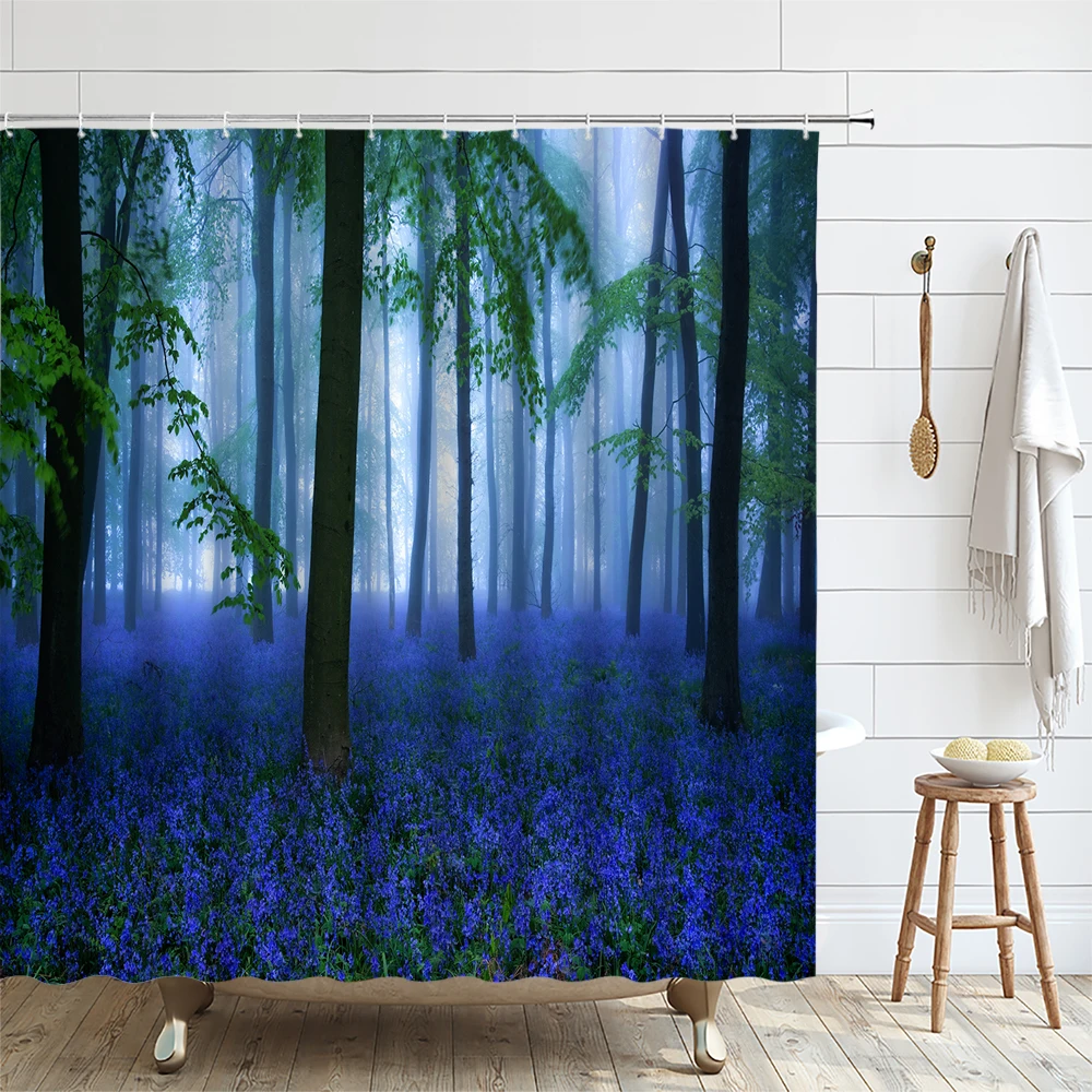 Forest Shower Curtain Mystical Fantasy Woodland Fog Tall Trees Bushes Natural Scenery Flower Fabric Bathroom Decor Curtains Sets