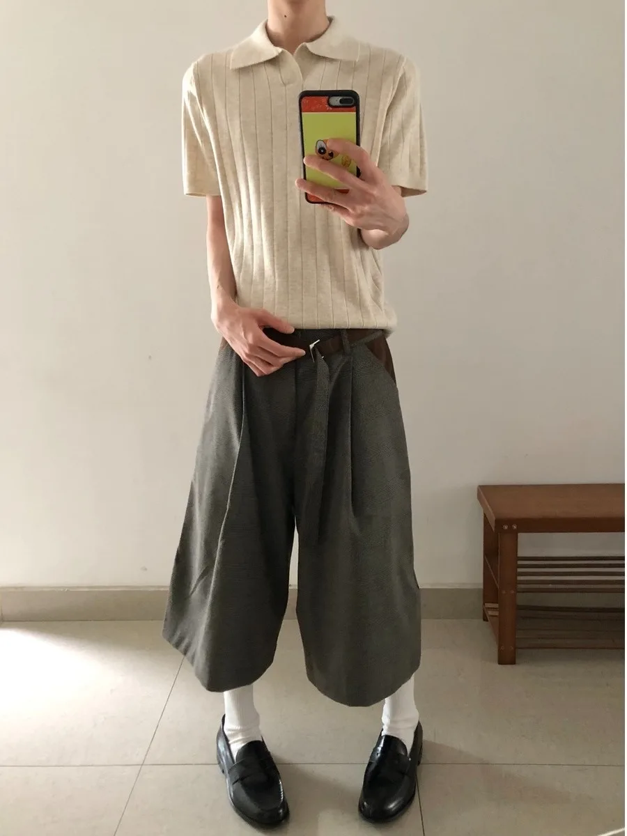

Taichiism Suede Pleated Plaid Old Money Style Clean Fit Seven Inch Short Western Pants Summer Casual Loose Fit Teenage Fashion