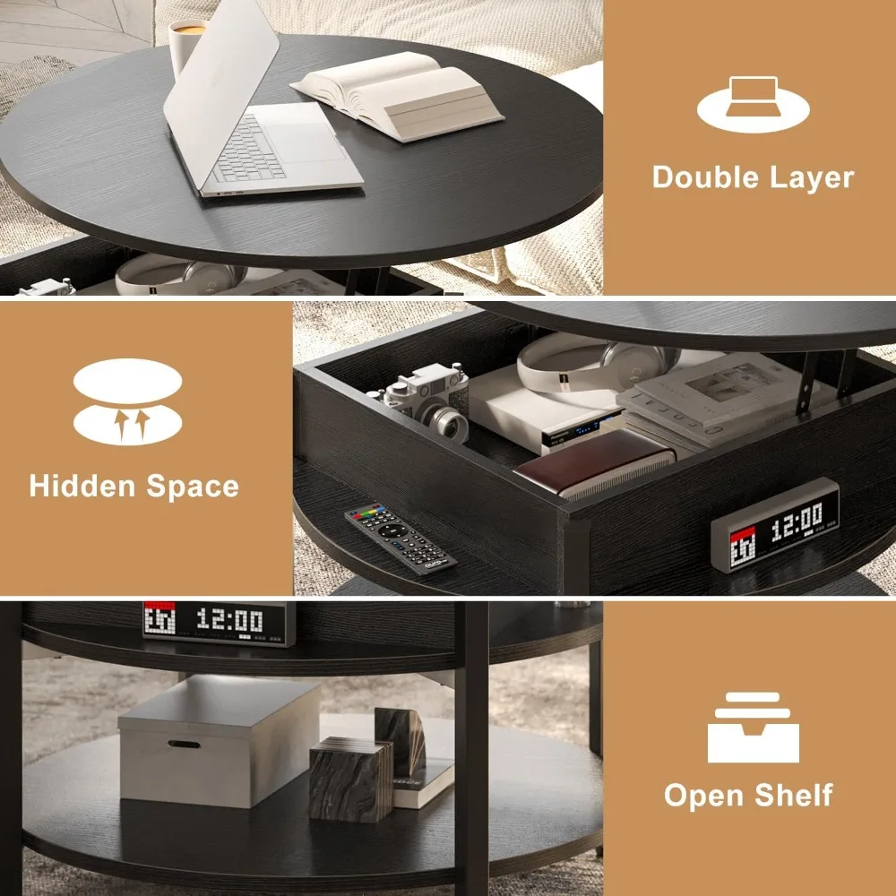 Runder Couchtisch mit Hubplatte und Stauraum und verstecktem Fach, 26,77'' Bauernhaus-Couchtisch für den Empfang im Wohnzimmer