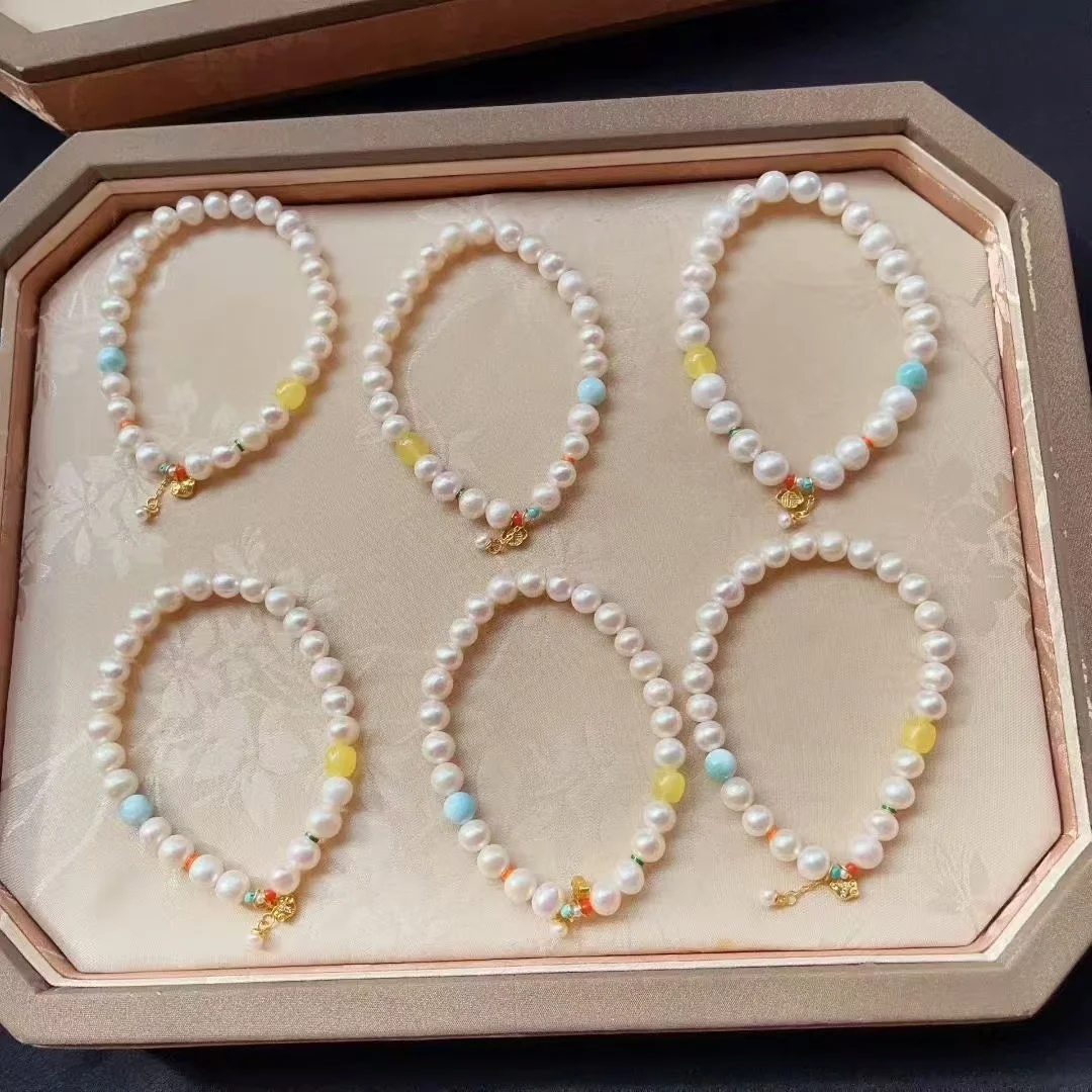 

Certificated 925 Silver Freshwater Round White Pearl 7.2mm String Jewelry For Girls Natual Amber Larima Beaded Strand Bracelet