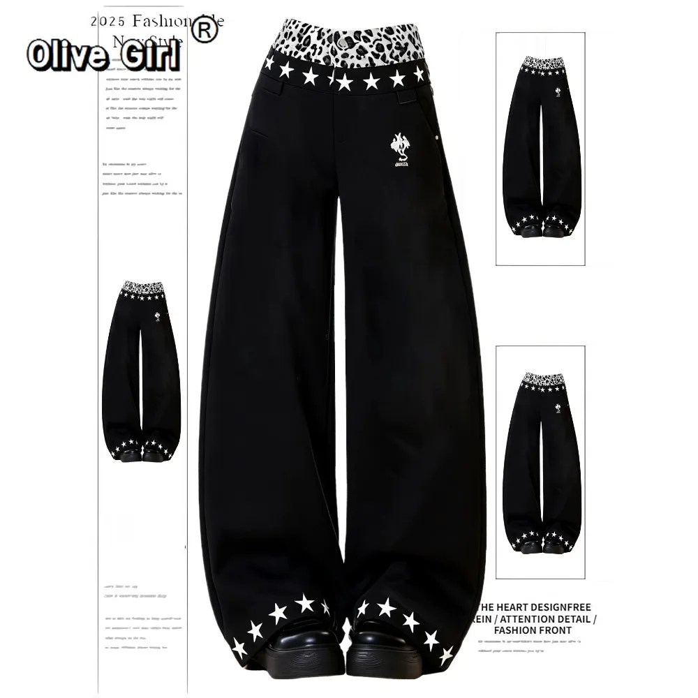 Olivegirl American Retro Jeans Women Black Trousers Star Leopard Print Patchwork Fake Two Piece Denim Jeans Wide Leg Pants