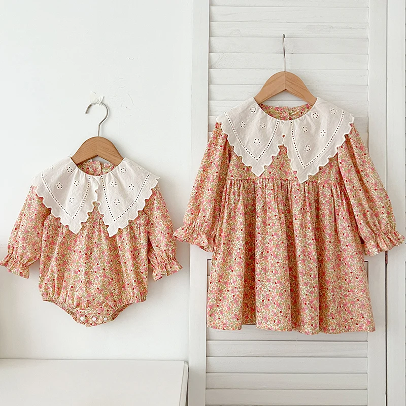 2024 New Autumn 2-6Yrs Girl Party Dress Long Sleeved Cotton Print Kids Princess Dresses Baby Girl Romper Sister Dress