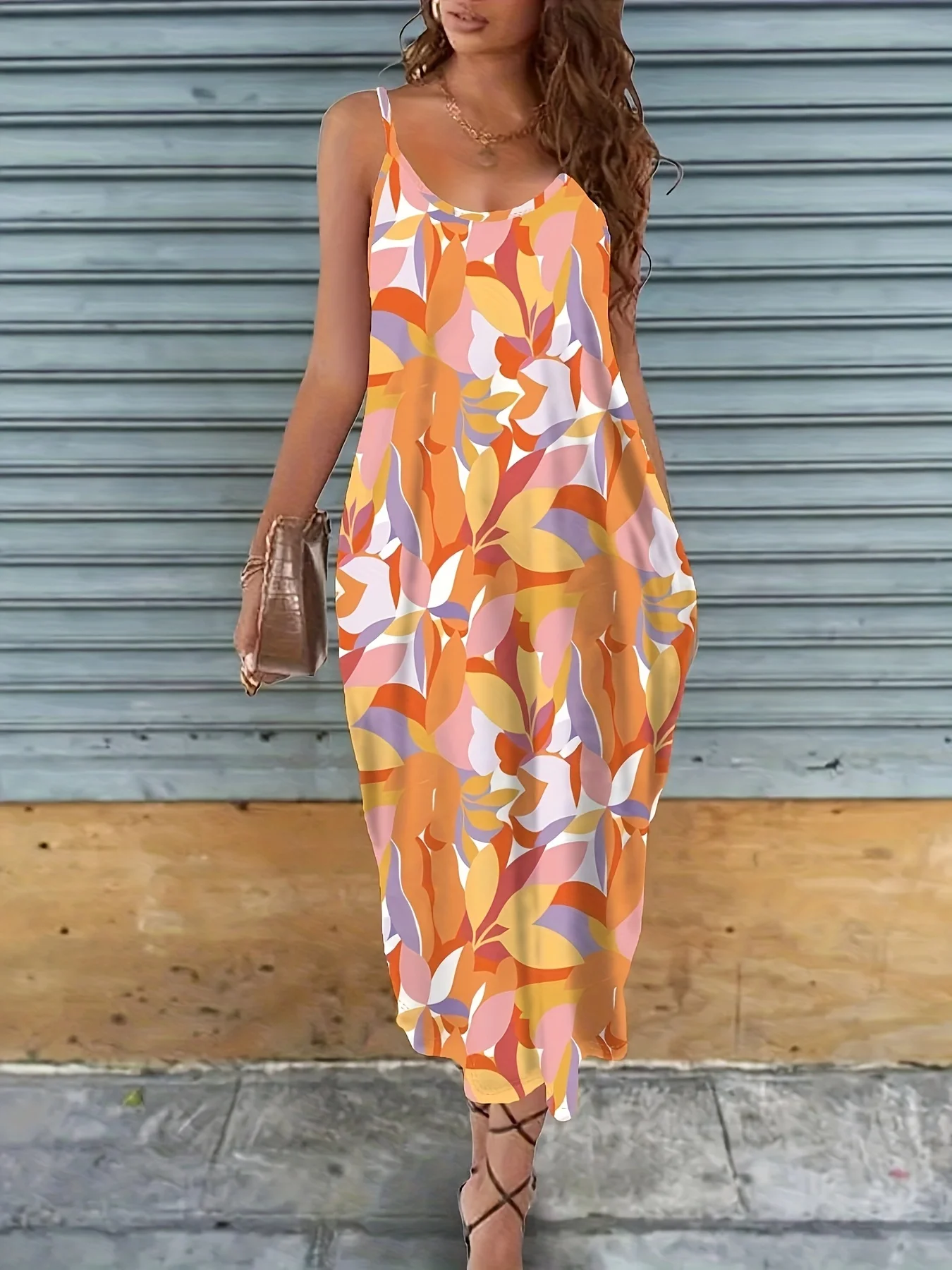 Women's Spaghetti Strap Maxi Dress Colorful Floral Print Boho Summer Beach Casual Sundress