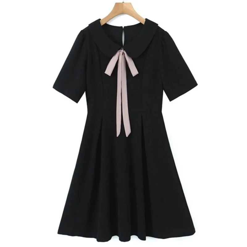 4XL Plus Size Black Dresses Women 2023 Spring Sweet Neckline Ribbon Preppy Style Puff Sleeve One-Piece Oversized Curve Clothes