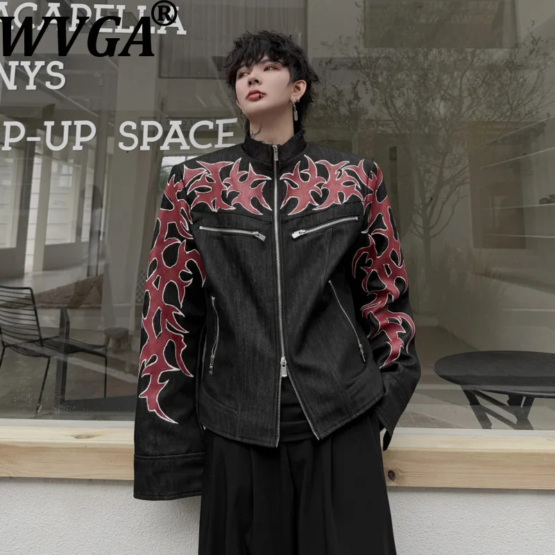 WVGA 2026 Spring Autumn New Men Tide Dark Vintage Fashion Denim Jacket Stand Collar Geometric Patterned Ins Vibe Y2K Coat W28300